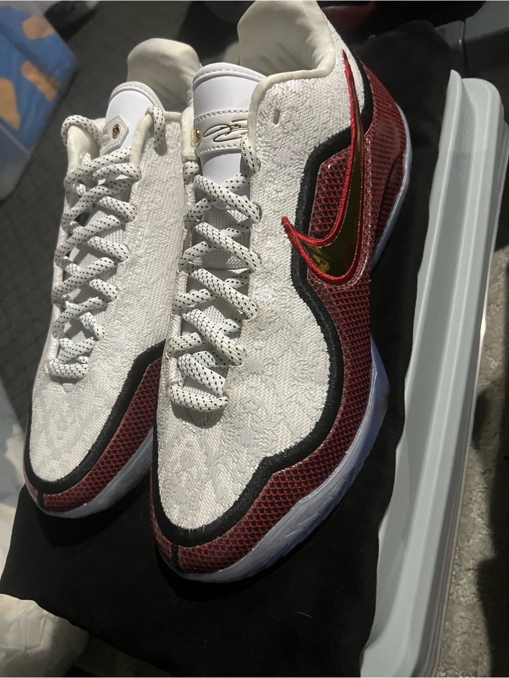 Sz 12 White and Red Athletic Shoes with Gold Accent